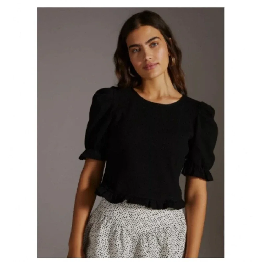 Maeve Anthropologie Black Puff Sleeve Tie Back Ruffle Hem Ribbed Top XS
